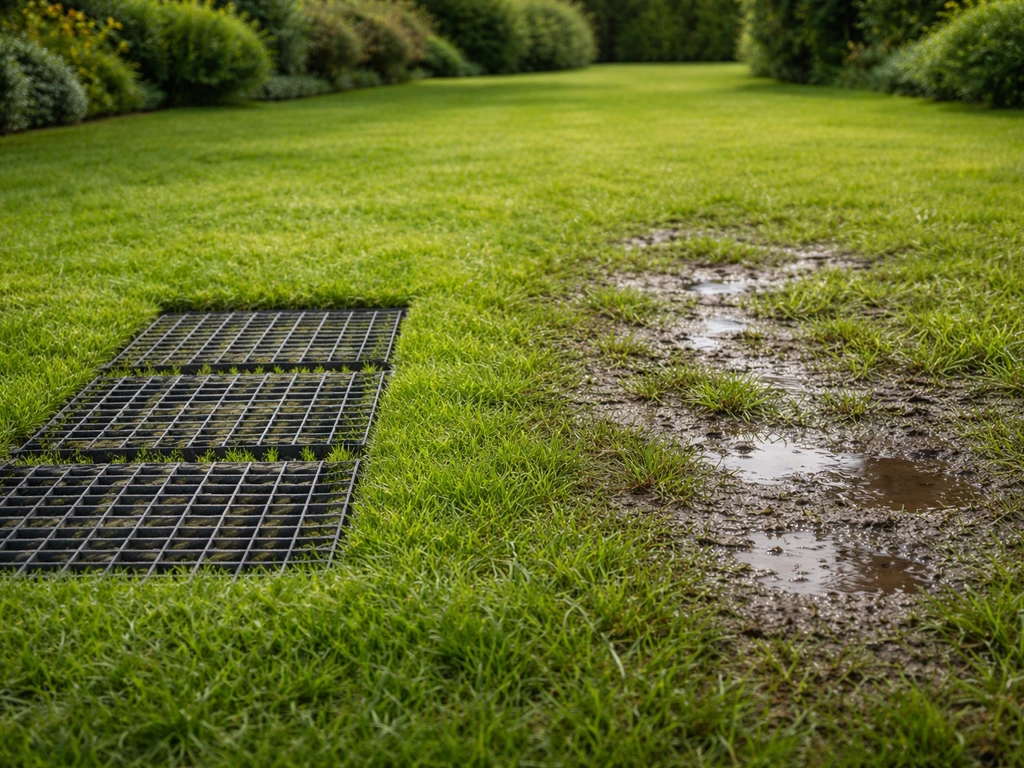 Comparaison jardin : caillebotis posés pour un passage ponctuel à gauche, herbe très humide sans caillebotis à droite.