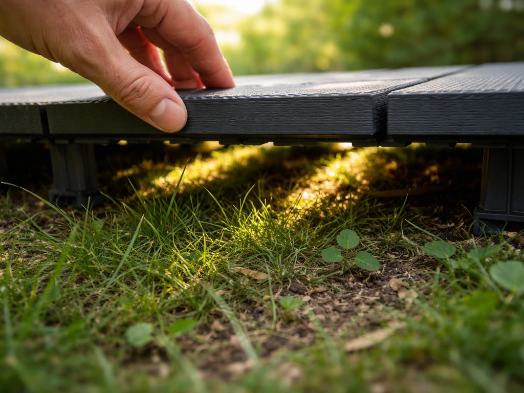 Herbe sous des caillebotis, lumière entre les lames et caillebotis légèrement soulevé pour aérer et entretenir.