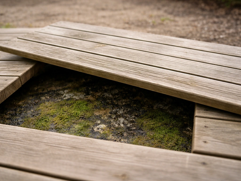 Sous un caillebotis en bois : mousse verte et odeur suggérée, plancher sombre après nettoyage et ventilation