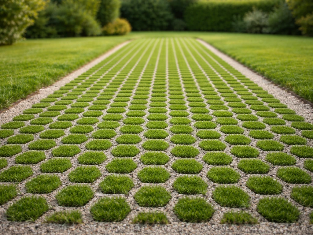 Allée en dallage herbe avec dalles alvéolées engazonnées et gazon homogène, intégrée au jardin.