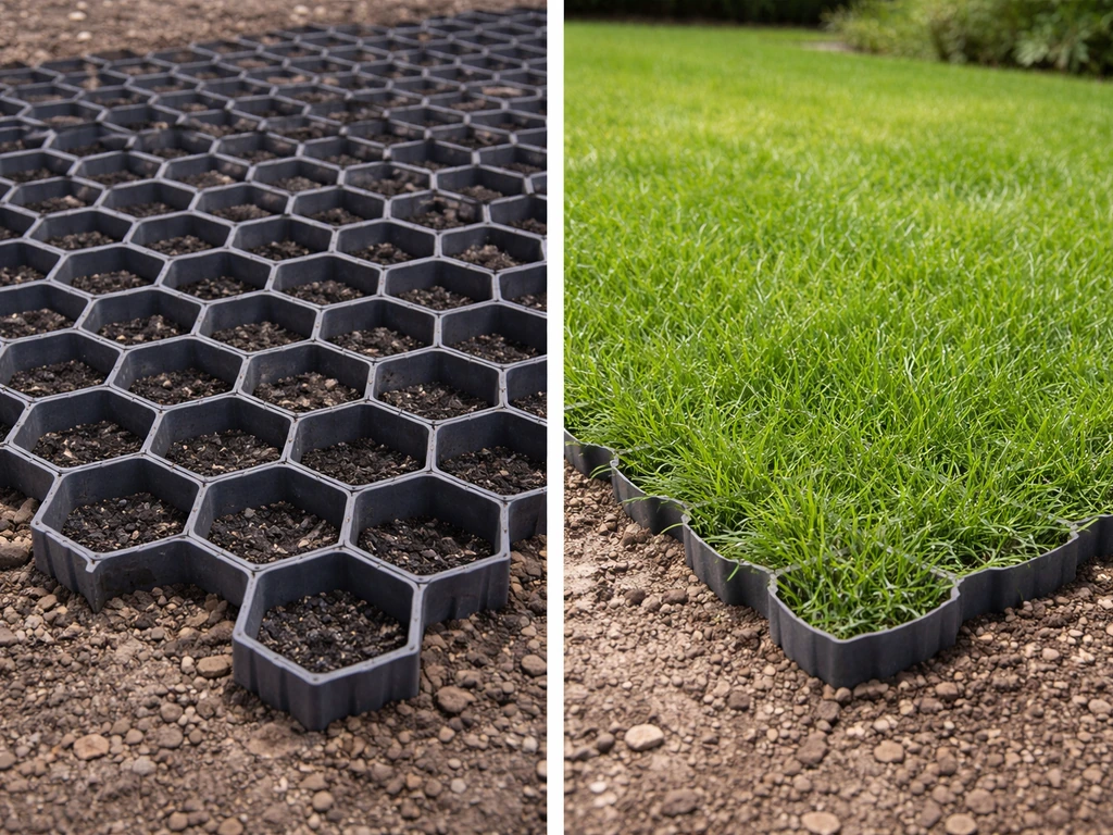 Deux vignettes: dalles alvéolées prêtes à recevoir des graines, puis plaques pré-végétalisées déjà couvertes d’herbe.