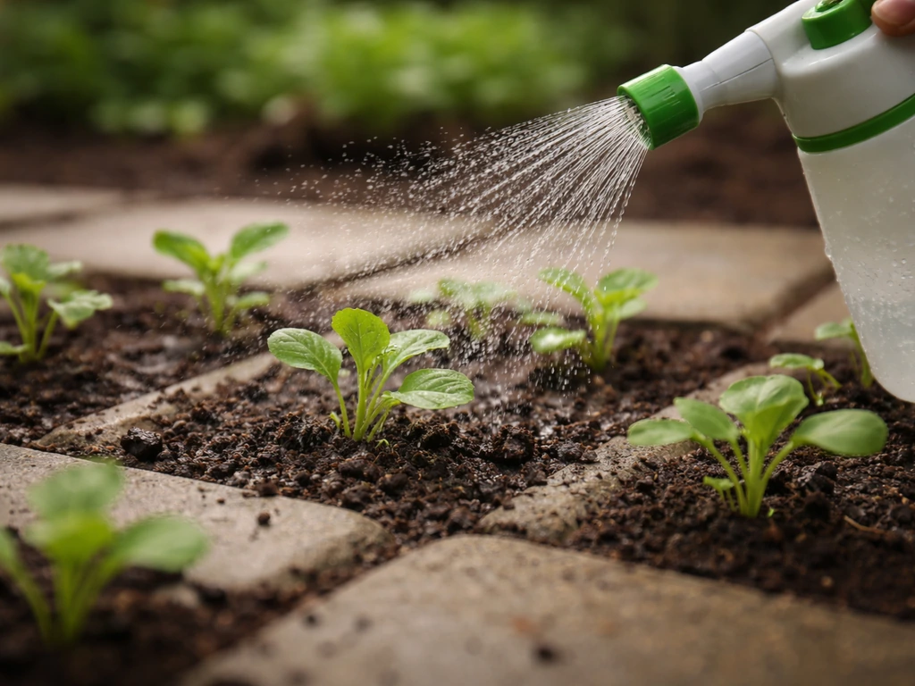 Jeunes plants arrosés en pluie fine dans des dalles, sol humide sans flaques, pulvérisateur à côté.