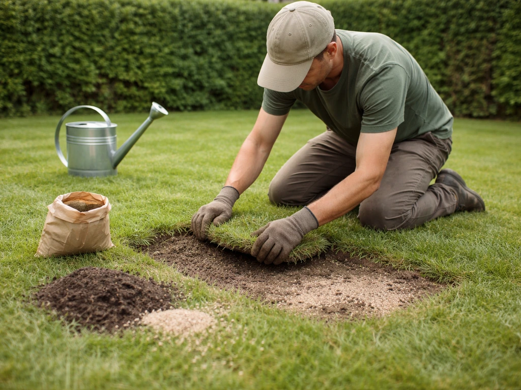 Jardinier anonyme réparant une zone dégarnie de pelouse : ouverture localisée, terre criblée et ressemis.