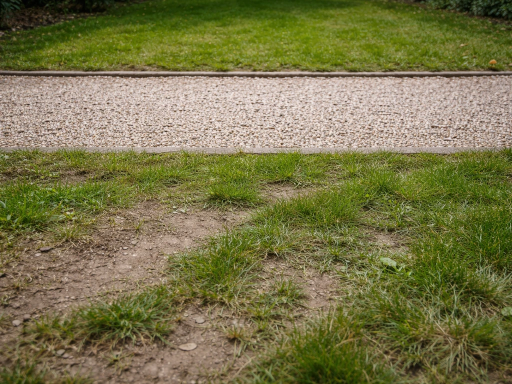 Jardin en deux zones : herbe non traitée à gauche et gravier stable pour allée à droite.