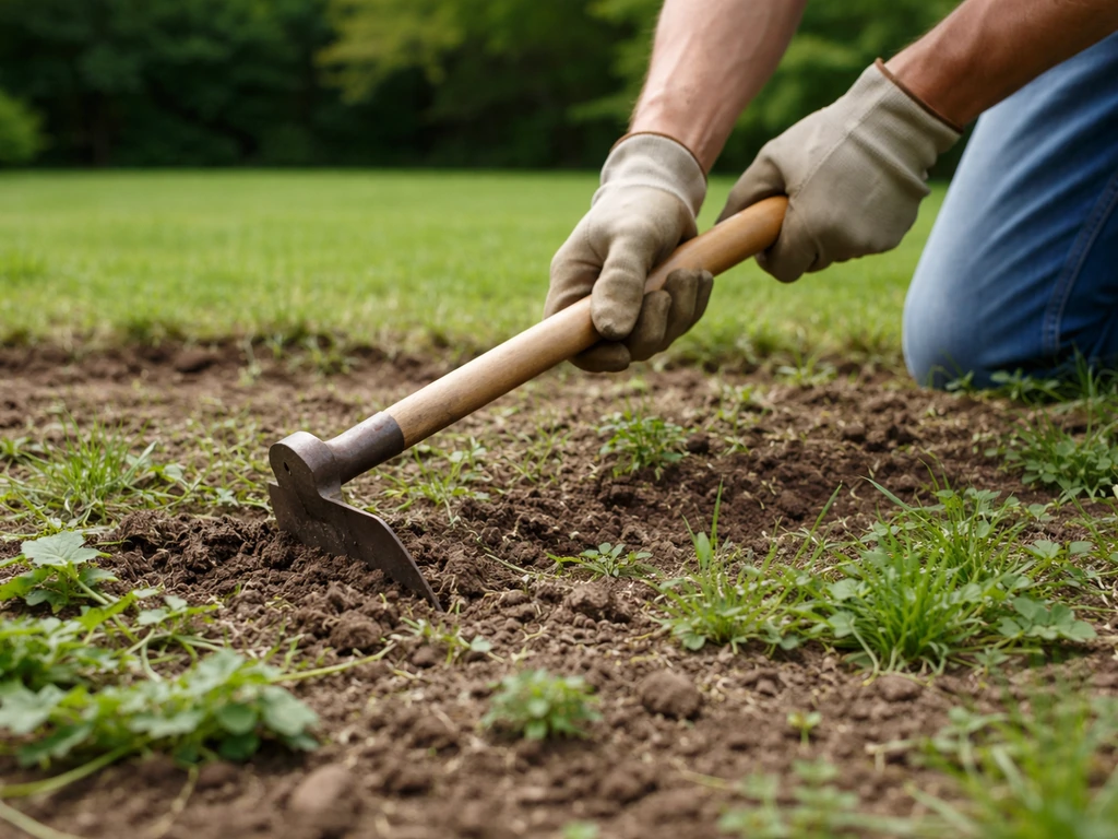 Mains anonymes binant une pelouse en jardin, pour désherbage mécanique sans produits chimiques.
