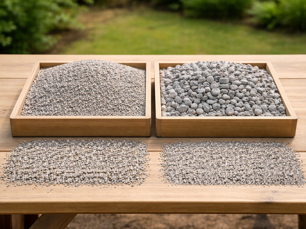 Deux échantillons de gravier côte à côte, textures et rendus de surface visibles sur une table en bois.