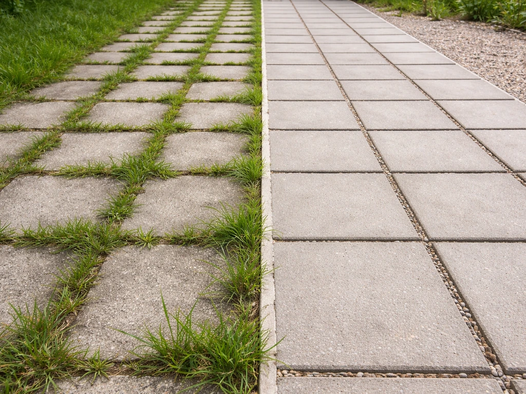 Allée en dalles béton herbe : herbe entre les joints et zone nettoyée contrastant avec la repousse.