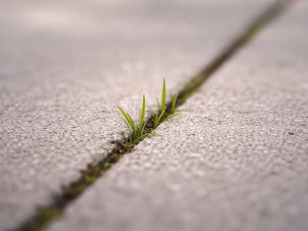 Gros plan d’un joint de dalle béton avec une micro-fissure et des brins d’herbe.