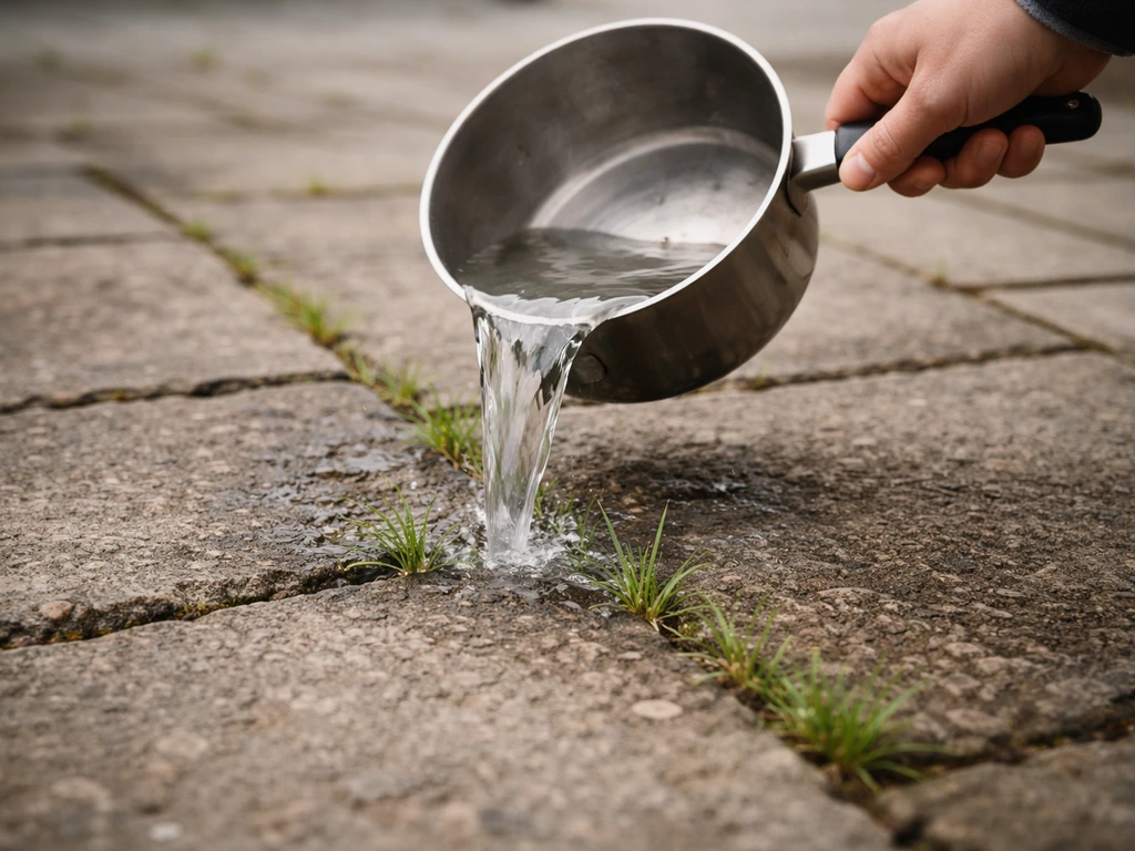 Photo très rapprochée de jeunes herbes entre des joints, avec de l’eau bouillante versée avec précision.