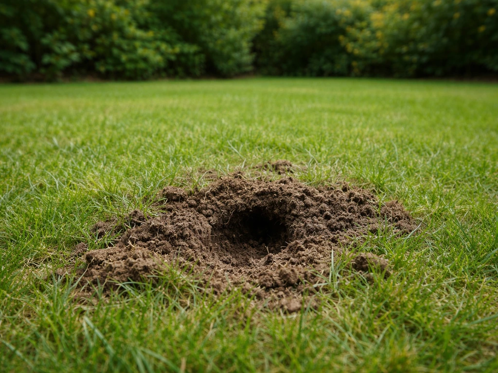 Trou de hérisson visible dans la pelouse, terre grattée au premier plan et haie verte en arrière-plan.
