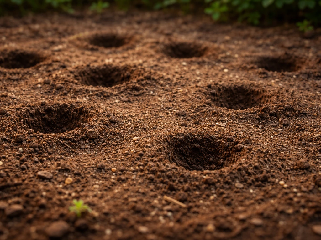 Gros plan sur plusieurs petits trous de hérisson peu profonds et terre grattée, sans monticule.