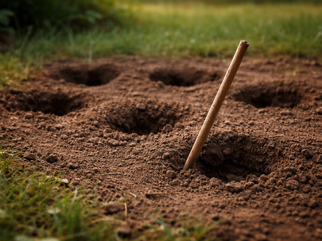 Jardin nocturne : un bâton repère devant des trous de fouille dans la terre, inspectés de près