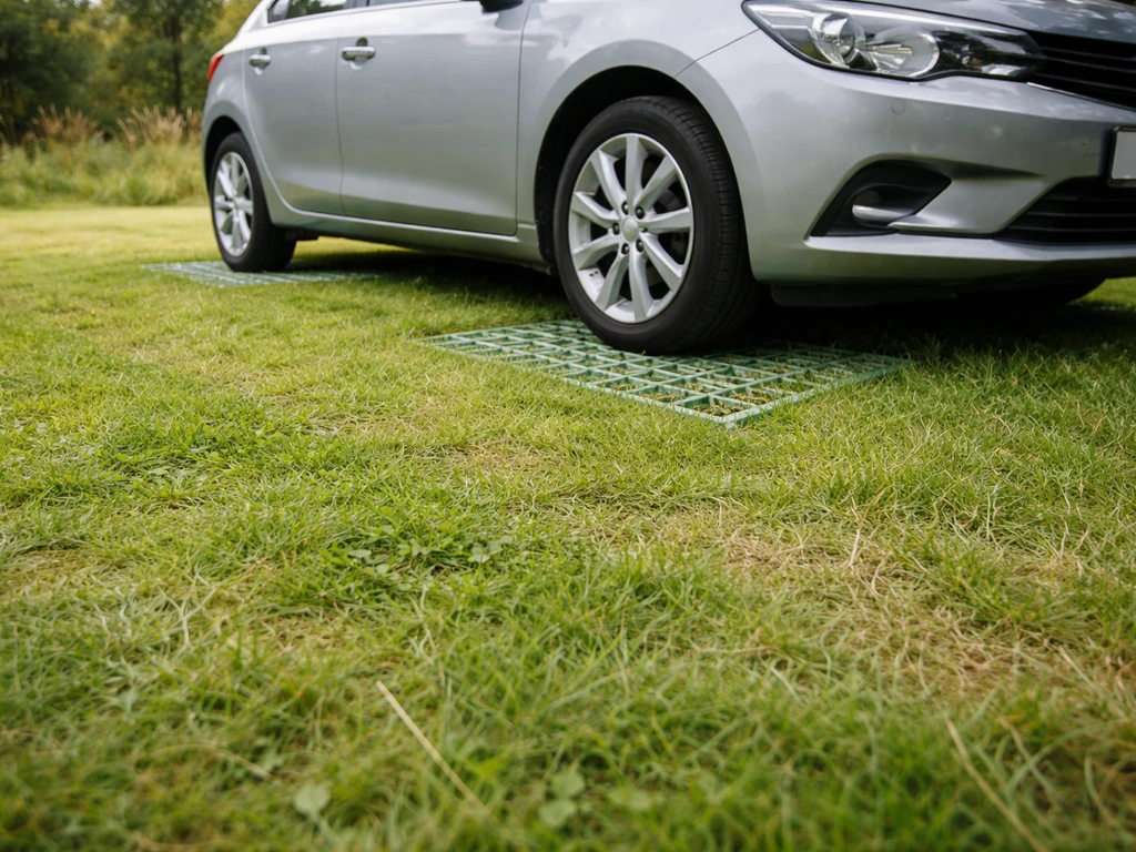 Voiture garée brièvement sur herbe, avec dalles alvéolaires visibles sous les roues pour protéger la pelouse.