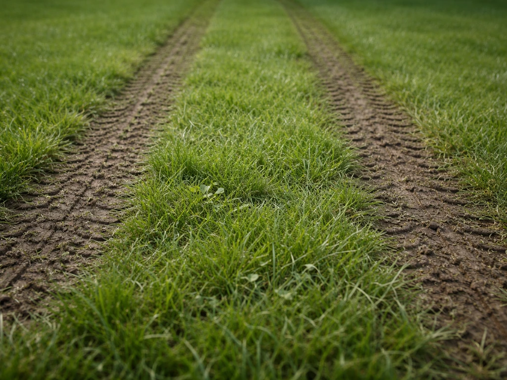 Pelouse aplatie et compactée sous des traces de pneus, montrant l’écrasement de l’herbe au sol.