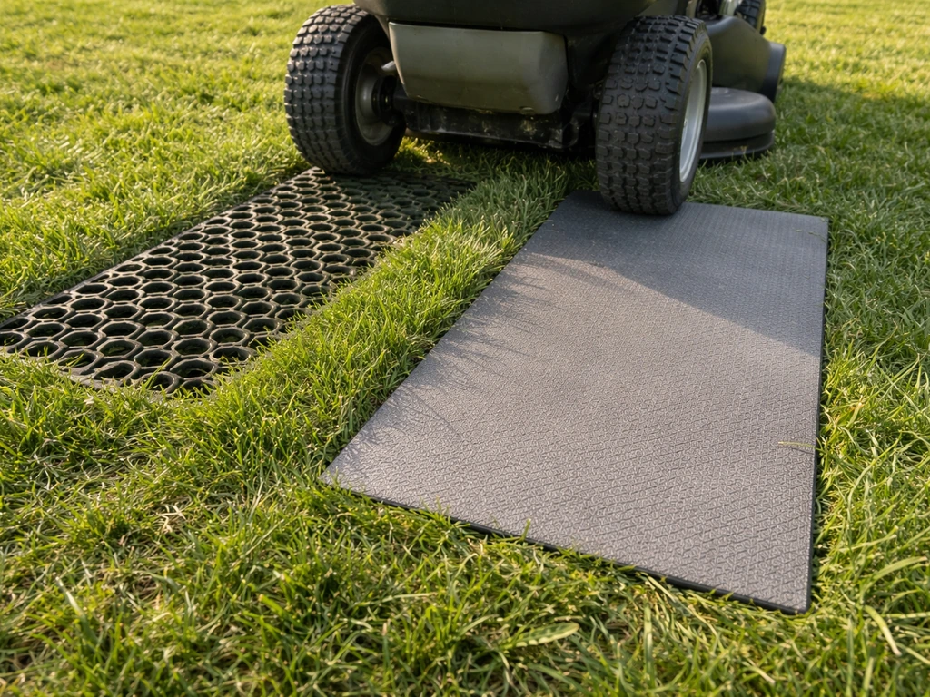 Une petite machine de jardin roule sur une pelouse avec des dalles et plaques de protection sous les pneus.