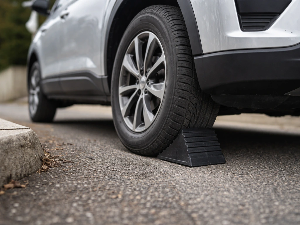 Un utilitaire sur une pente, cale de roue en place derrière un pneu pour empêcher tout glissement.