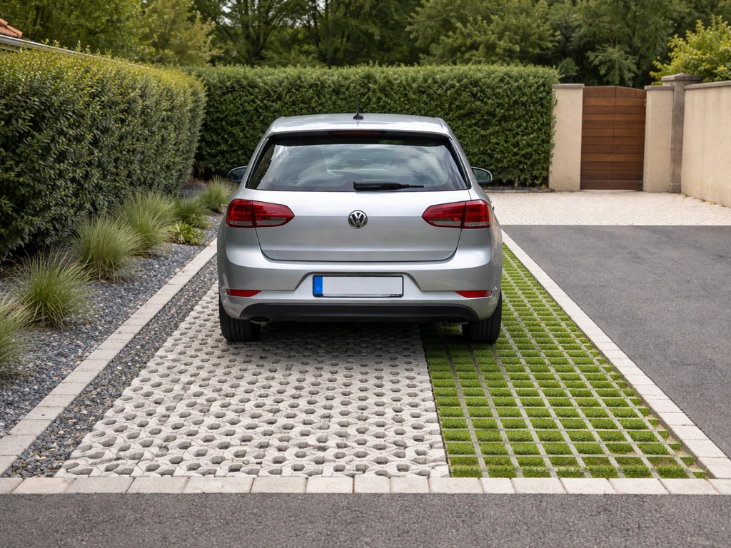 Voiture sur dalles alvéolaires et grilles gazon dans une allée résidentielle, jardin protégé et propre.