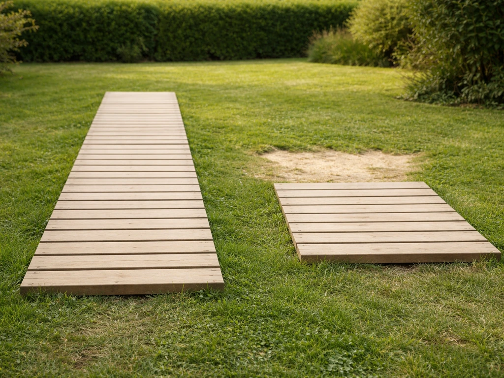 Deux caillebotis en bois posés côte à côte sur l’herbe : passage piéton et zone de chemin temporaire, jardin calme.