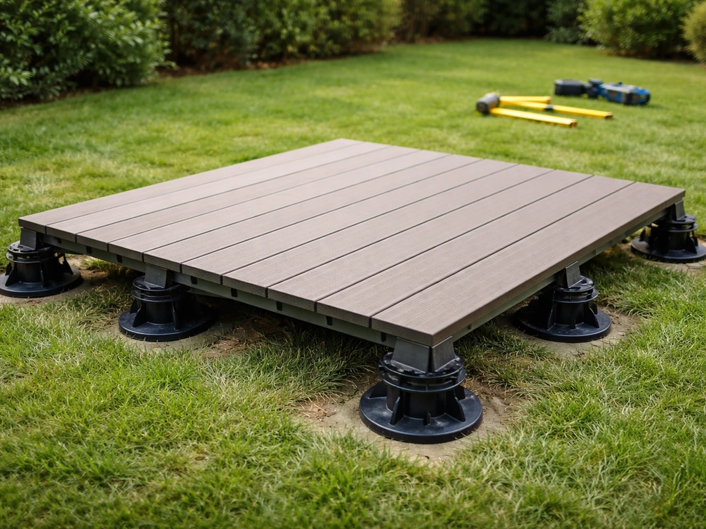 Terrasse sur herbe en pose : lames sur plots réglables, gazon intact autour, rendu propre et stable.