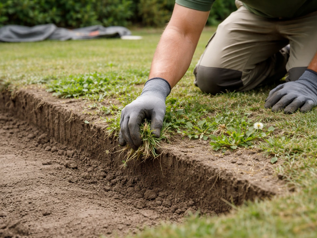 Jardinier au travail : désherbage ras puis décaissement sur 15–20 cm, sol préparé pour la pose