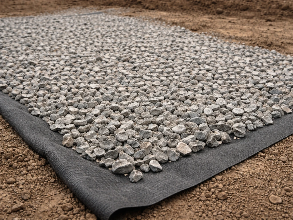 Couche drainante de gravier concassé uniformément répartie sur géotextile, terrain nivelé pour terrasse.