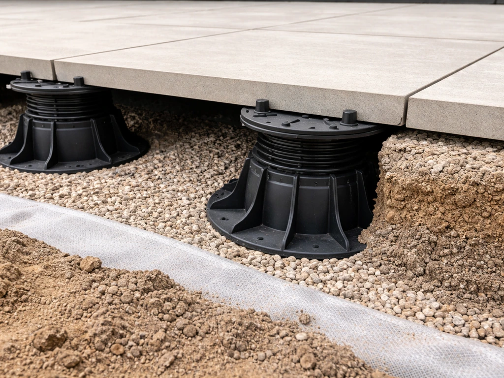 Gros plan d’une terrasse sur plots : plots réglables sur lit drainant et dalle de grès cérame au-dessus.