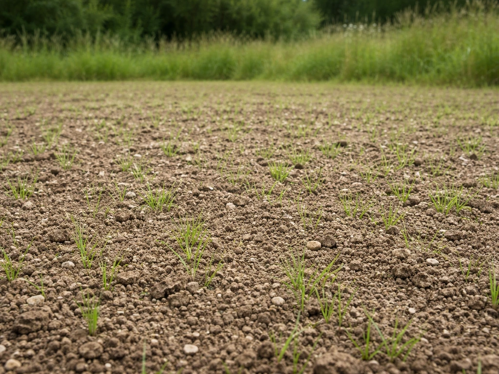 Parcelle de prairie fraîchement semée avec sol émietté et jeunes brins d’herbe visibles.