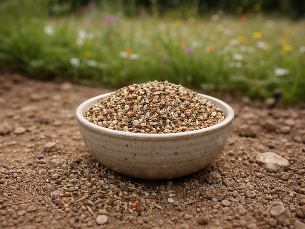 Gros plan sur des semences de prairie dans un bol, avec une prairie fleurie floue en arrière-plan.