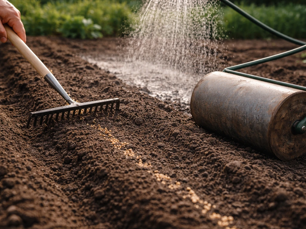 Potager au sol : léger râteau recouvre des graines, puis rouleau compact, arrosage en pluie fine.