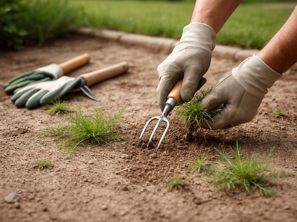 Désherbage d’une zone du jardin infestée de cistre herbe, outils au sol, prévention de la repousse