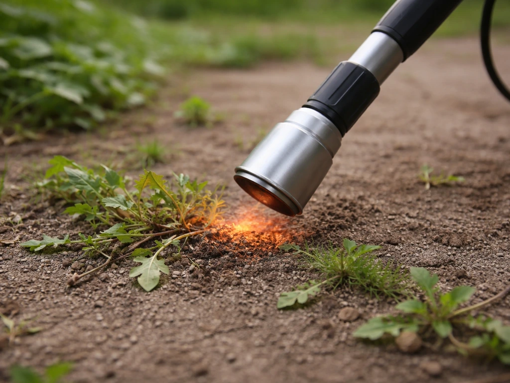 Désherbeur thermique chauffant des mauvaises herbes au ras du sol dans un petit jardin, lumière naturelle.
