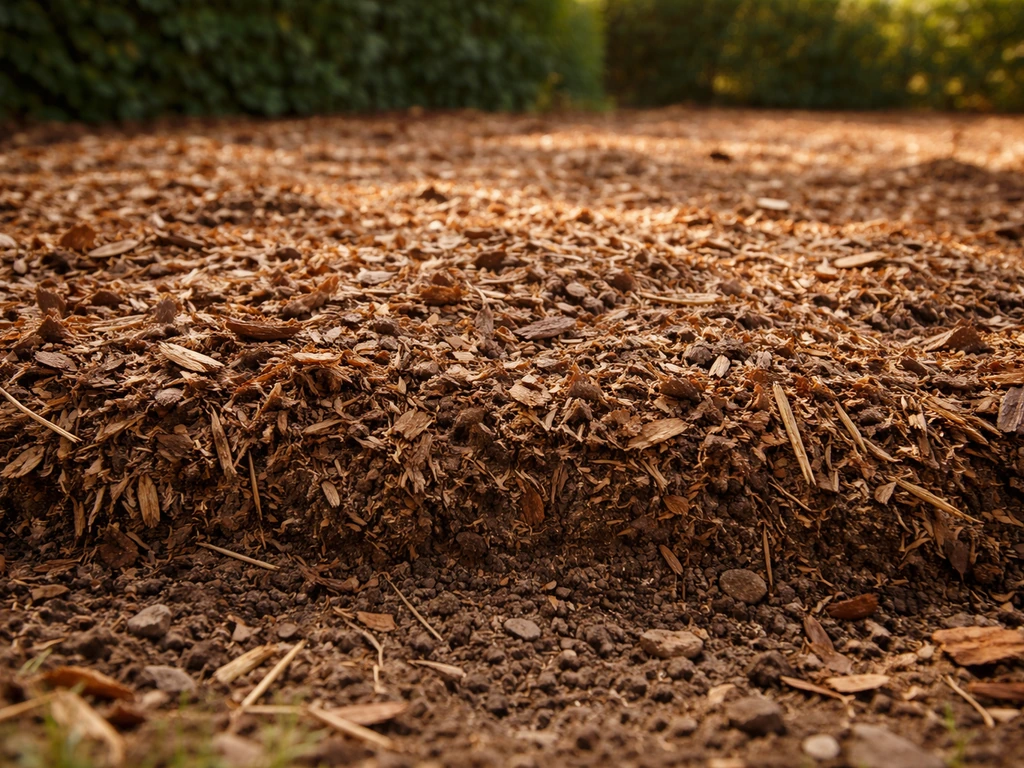 Jardin avec une couche de paillage de 5 à 10 cm en copeaux et feuilles mortes sur un sol désherbé