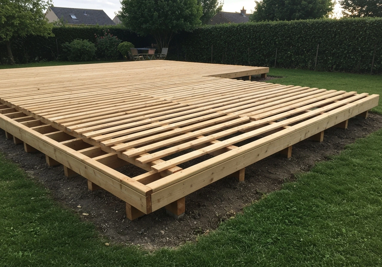 Terrasse en bois sur plots posés sur l’herbe, espace ventilé sous les lames visible.