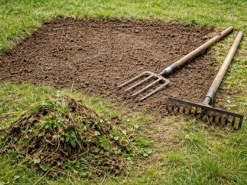 Désherbage manuel et ramassage de résidus d’herbe avant nivellement, gros plan sur le chantier