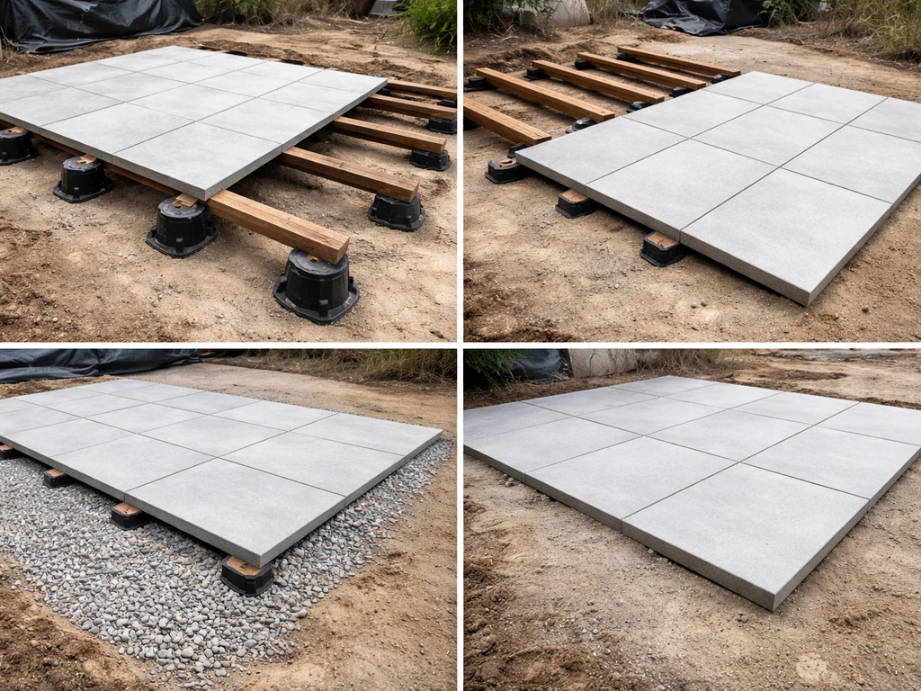Chantier montrant quatre solutions : plots réglables, lambourdes sur appuis, dalles directes et terrasse sur hérisson.