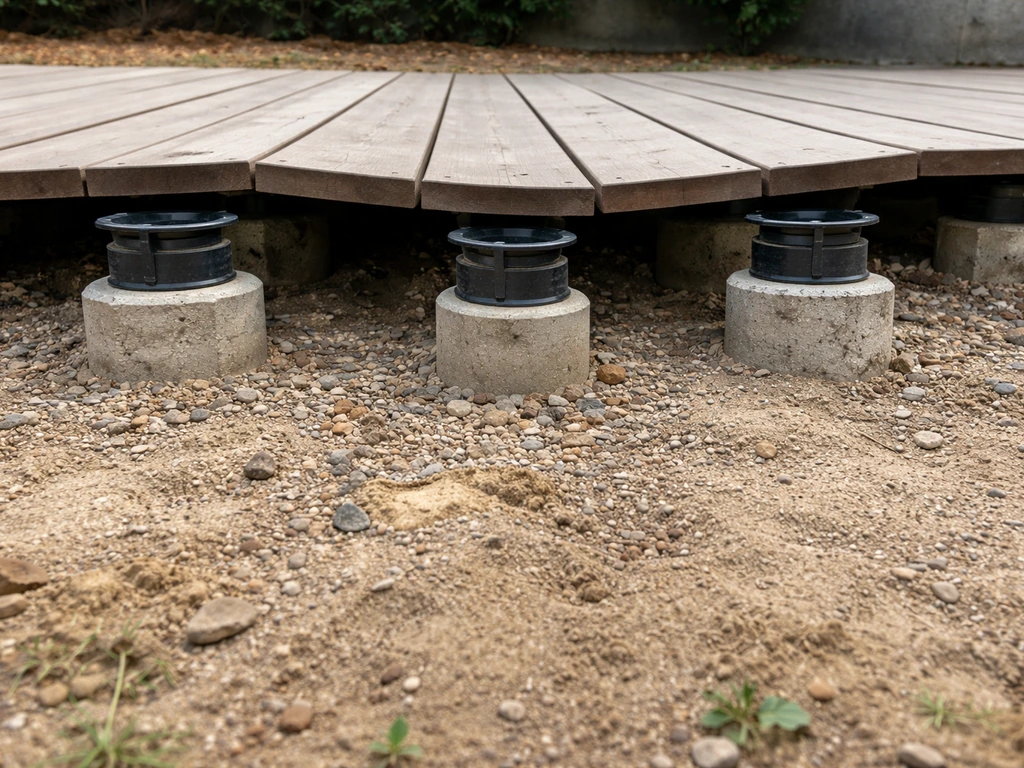 Plancher sur plots avec légères ondulations dues à des plots mal réglés et un sol insuffisamment compacté.
