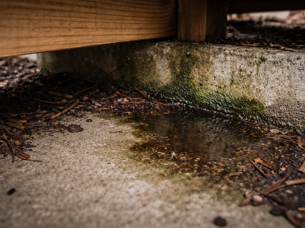 Sous une terrasse, flaques et traces d’humidité sur le sol en béton, suggérant moisissures et dégradation.