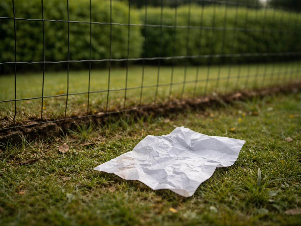 Flyer froissé près d’une clôture dans un jardin, ambiance de mise en garde contre une arnaque.