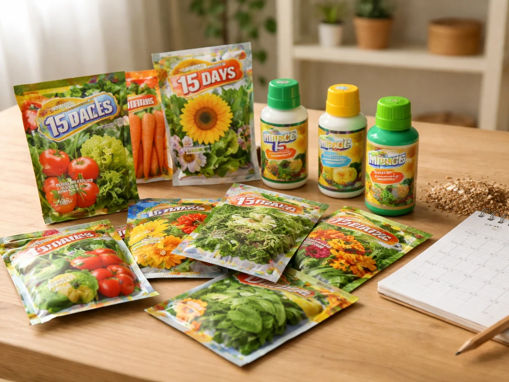 Sachets de semences et pots d’engrais « miracle/garanti 15 jours » posés près d’un calendrier sur une table.