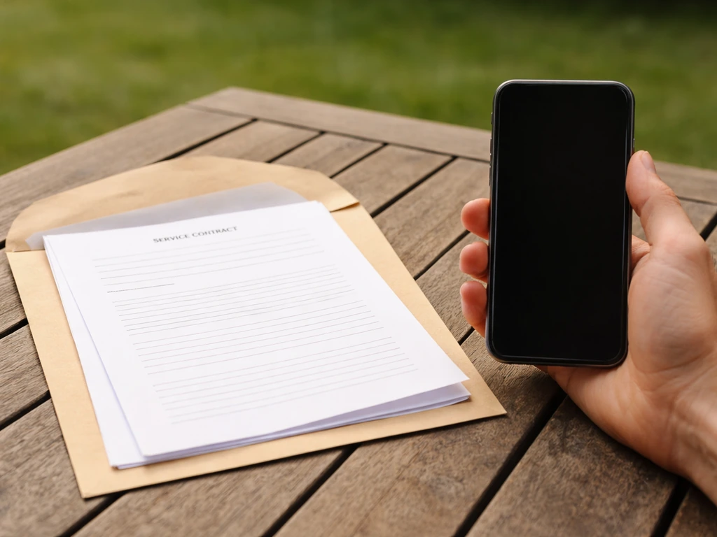 Main tenant un smartphone à côté d’une enveloppe et d’un contrat non signé sur une table de jardin.