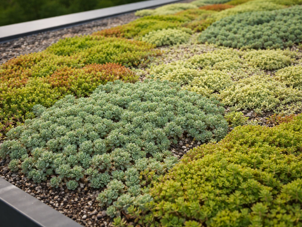 Plan rapproché de sedums sur une toiture en herbe, zones denses et texture du tapis végétal.