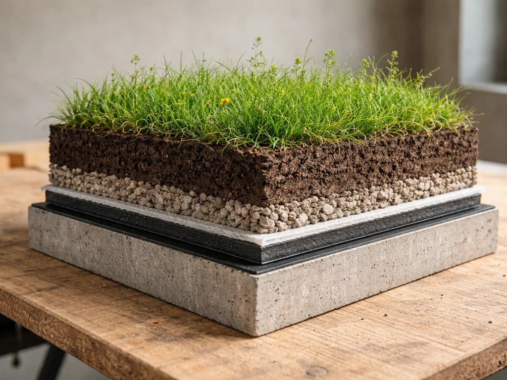 Détail réaliste d’une toiture en herbe montrant les couches empilées de bas en haut, sans texte