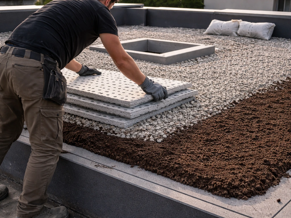 Pose de couches de drainage puis substrat sur une toiture plate, avec bords d’étanchéité visibles.