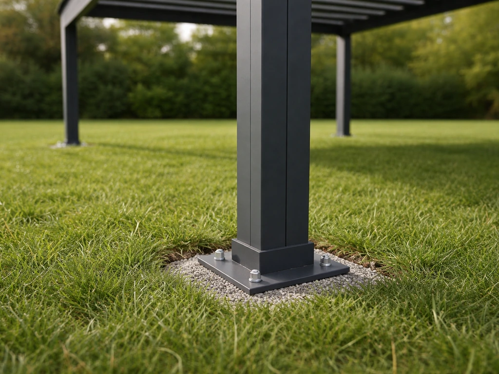 Pergola sur herbe avec platines visibles, gazon intact, sol non labouré et drainage propre, niveau parfait.