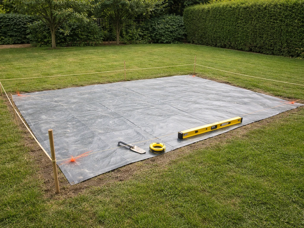 Jardin : pelouse conservée, zone délimitée pour une pergola, niveau à bulle et cordes de marquage.