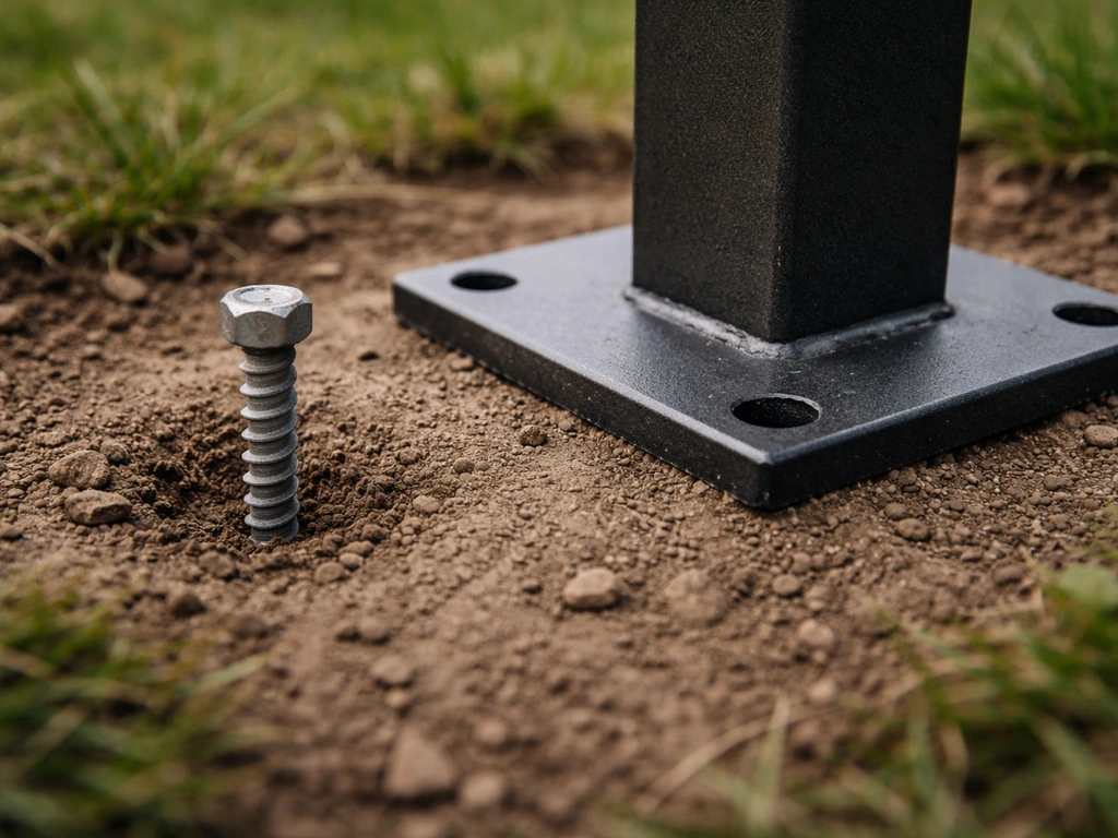 Piquet métallique ou tirefond enfoncé au sol près d’une base de poteau de pergola, prêt à être fixé
