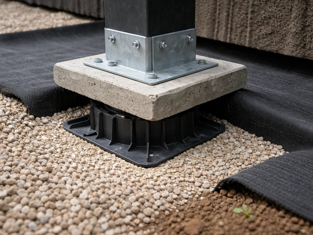 Détail d’un plot de pergola posé sur des graviers drainants avec une membrane anti-humidité sous la base.