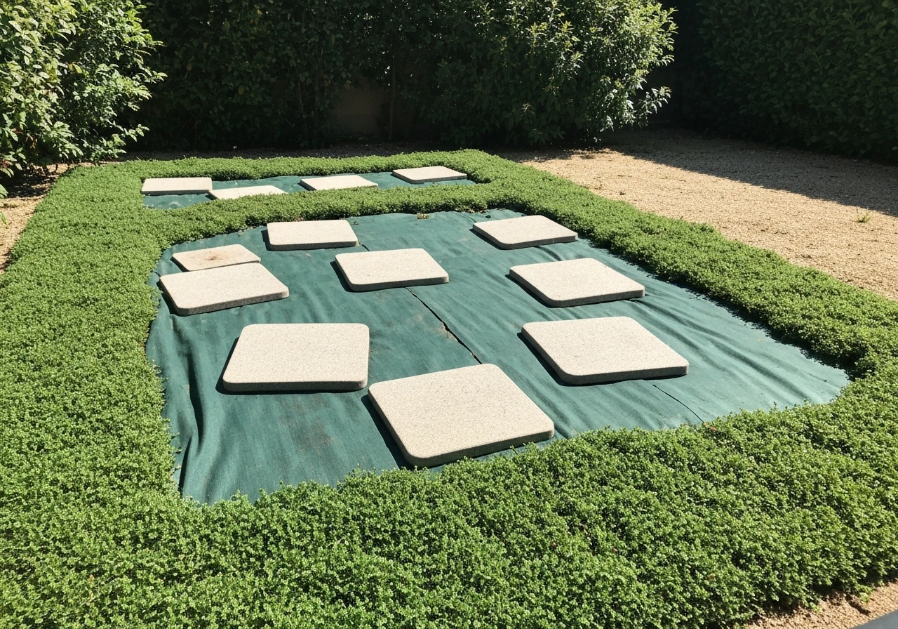 Terrasse provisoire sur herbe : caillebotis sur géotextile, pelouse verte intacte tout autour.