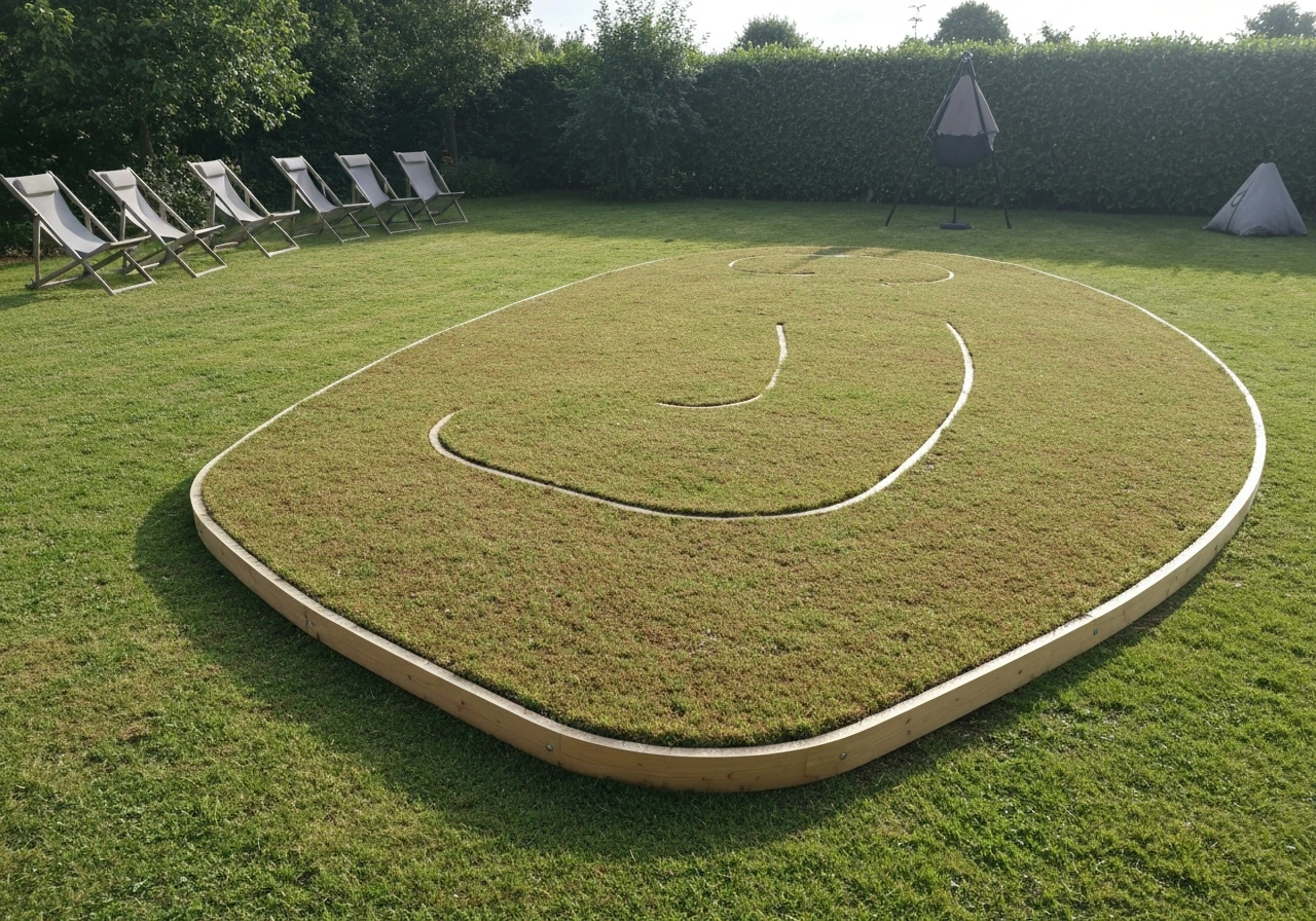 Terrasse provisoire sur dalles posée sur une pelouse, vue lors d’un événement de jardin.