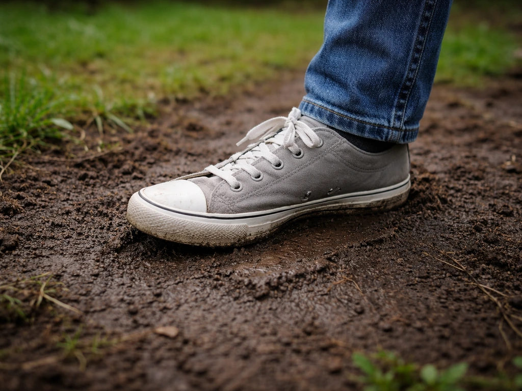 Un pied appuie sur une terre humide de jardin, laissant une légère empreinte visible.